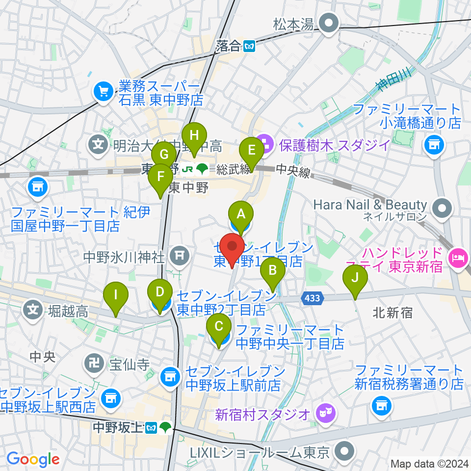 東中野バニラスタジオ周辺のコンビニエンスストア一覧地図