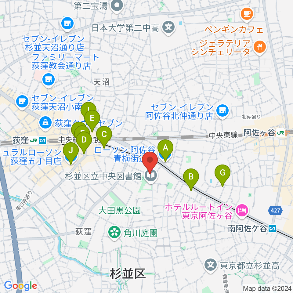 荻窪体育館周辺のコンビニエンスストア一覧地図