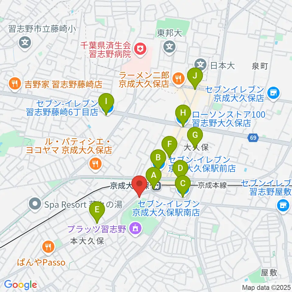 プラッツ習志野市民ホール周辺のコンビニエンスストア一覧地図