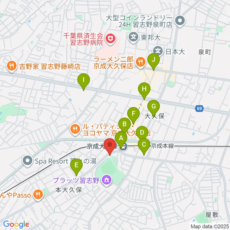 プラッツ習志野市民ホール周辺のコンビニエンスストア一覧地図