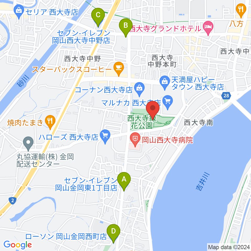 西大寺緑花公園・百花プラザ周辺のコンビニエンスストア一覧地図