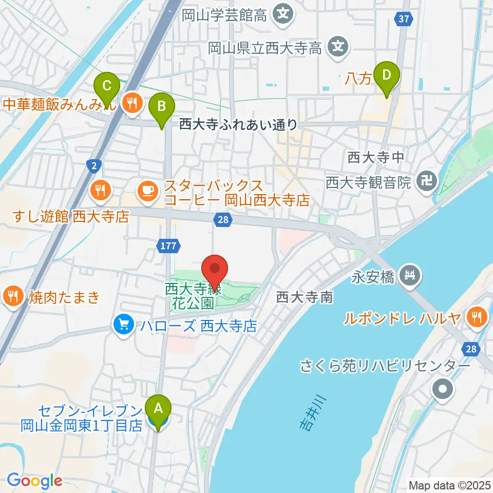 西大寺緑花公園・百花プラザ周辺のコンビニエンスストア一覧地図