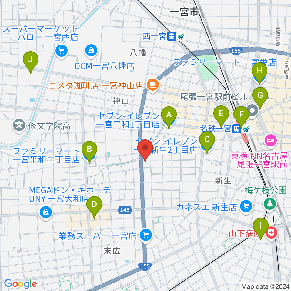 いちのみや中央プラザ体育館周辺のコンビニエンスストア一覧地図