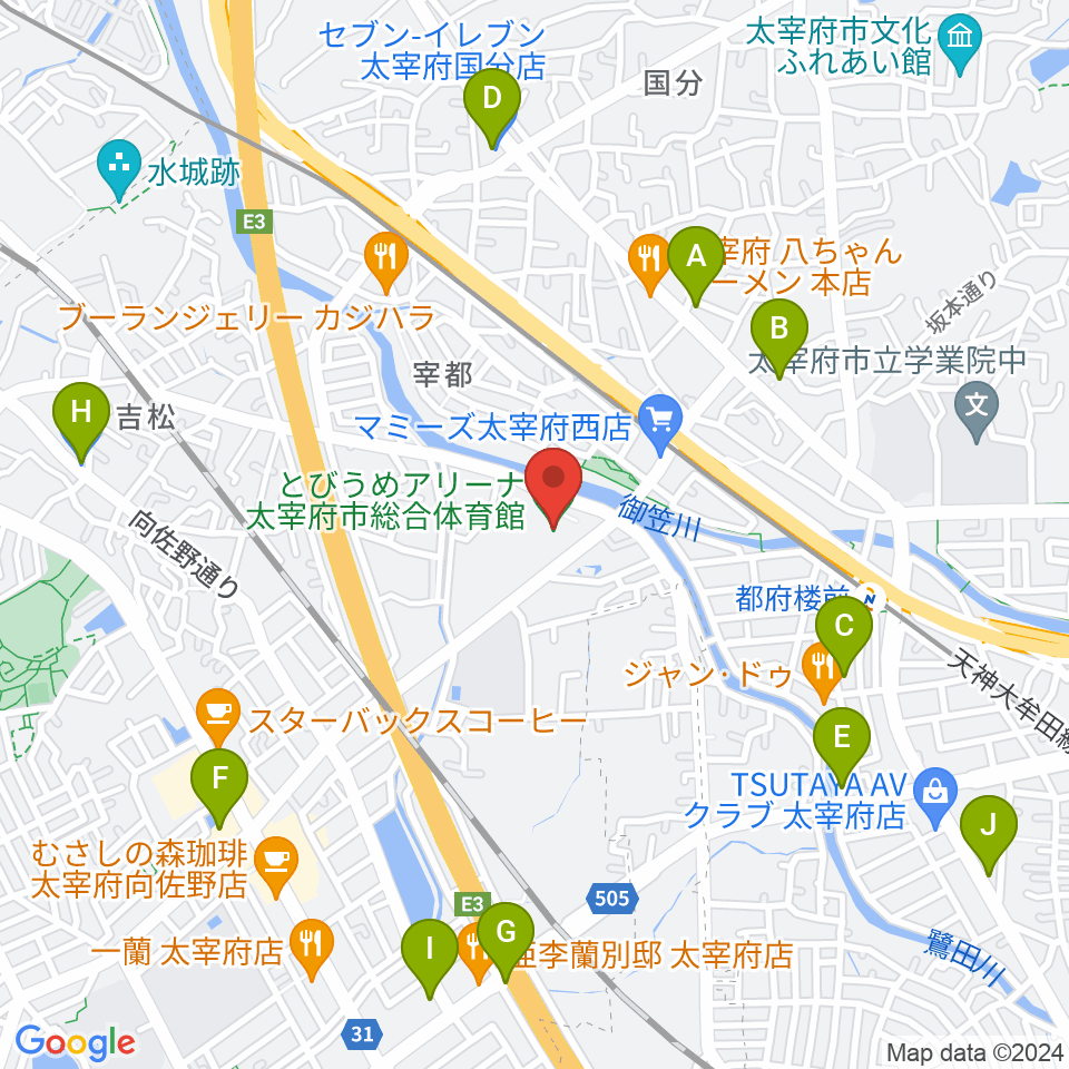 とびうめアリーナ 太宰府市総合体育館周辺のコンビニエンスストア一覧地図