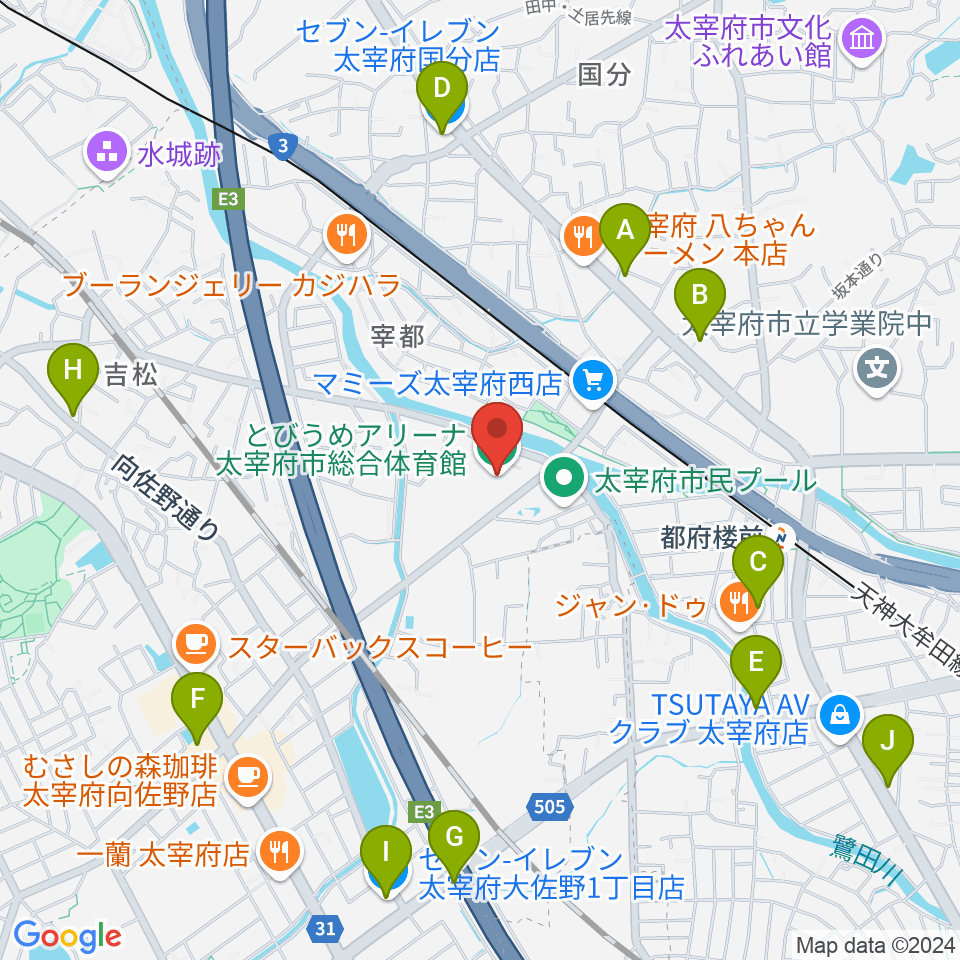 とびうめアリーナ 太宰府市総合体育館周辺のコンビニエンスストア一覧地図