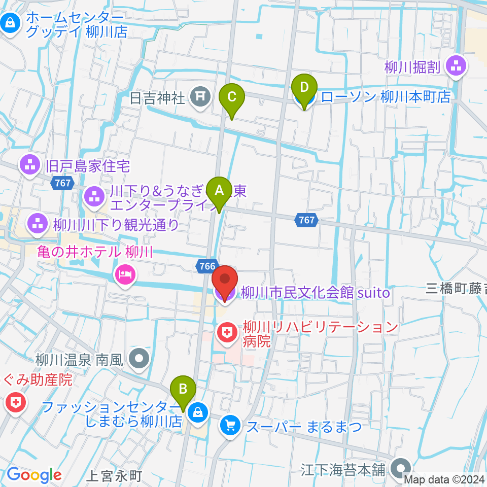 柳川市民文化会館（水都やながわ）周辺のコンビニエンスストア一覧地図