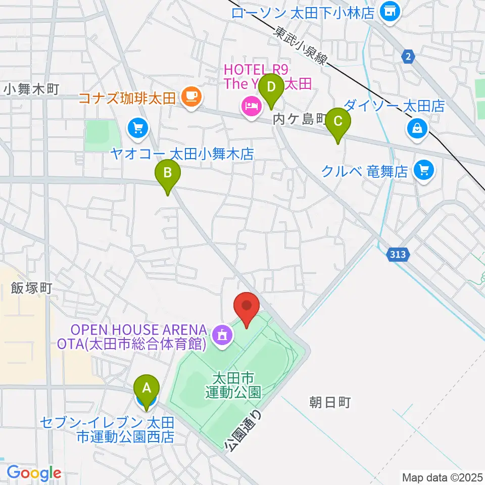 太田市運動公園市民体育館周辺のコンビニエンスストア一覧地図