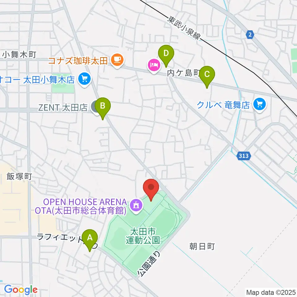 太田市運動公園市民体育館周辺のコンビニエンスストア一覧地図