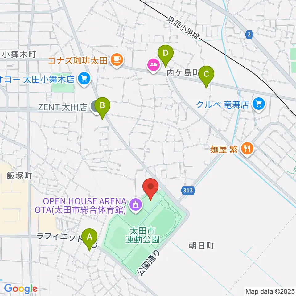 太田市運動公園市民体育館周辺のコンビニエンスストア一覧地図