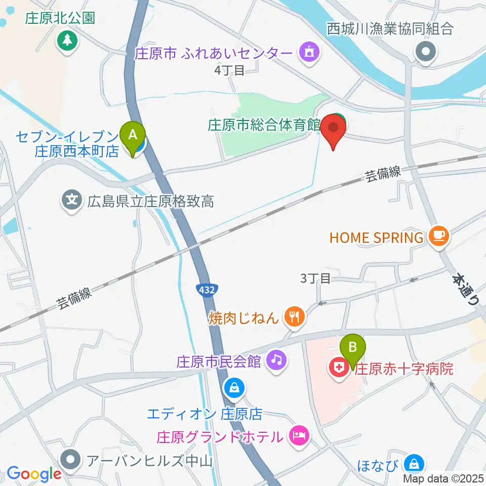 庄原市総合体育館周辺のコンビニエンスストア一覧地図