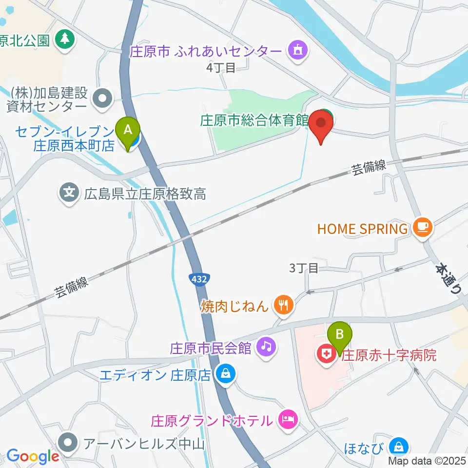 庄原市総合体育館周辺のコンビニエンスストア一覧地図