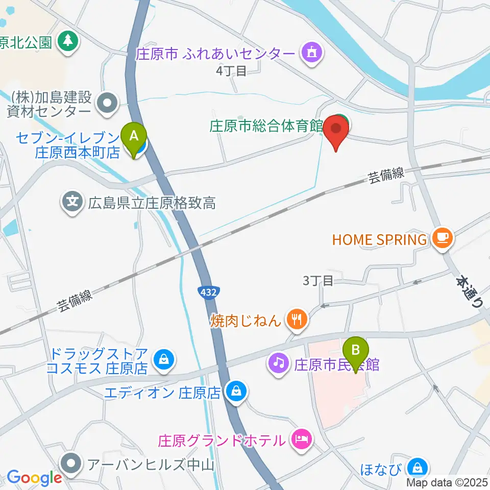 庄原市総合体育館周辺のコンビニエンスストア一覧地図