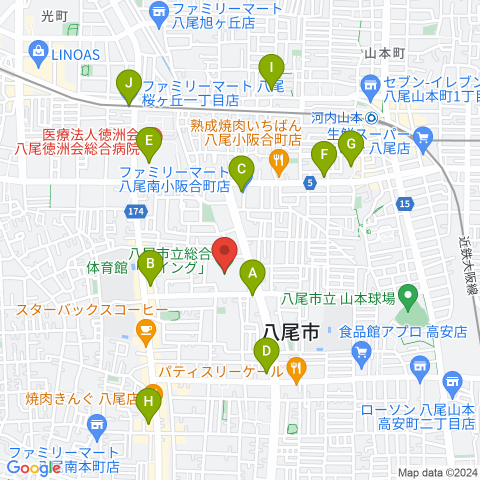 八尾市立総合体育館ウイング周辺のコンビニエンスストア一覧地図