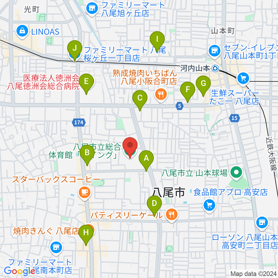 八尾市立総合体育館ウイング周辺のコンビニエンスストア一覧地図