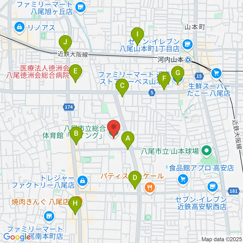 八尾市立総合体育館ウイング周辺のコンビニエンスストア一覧地図