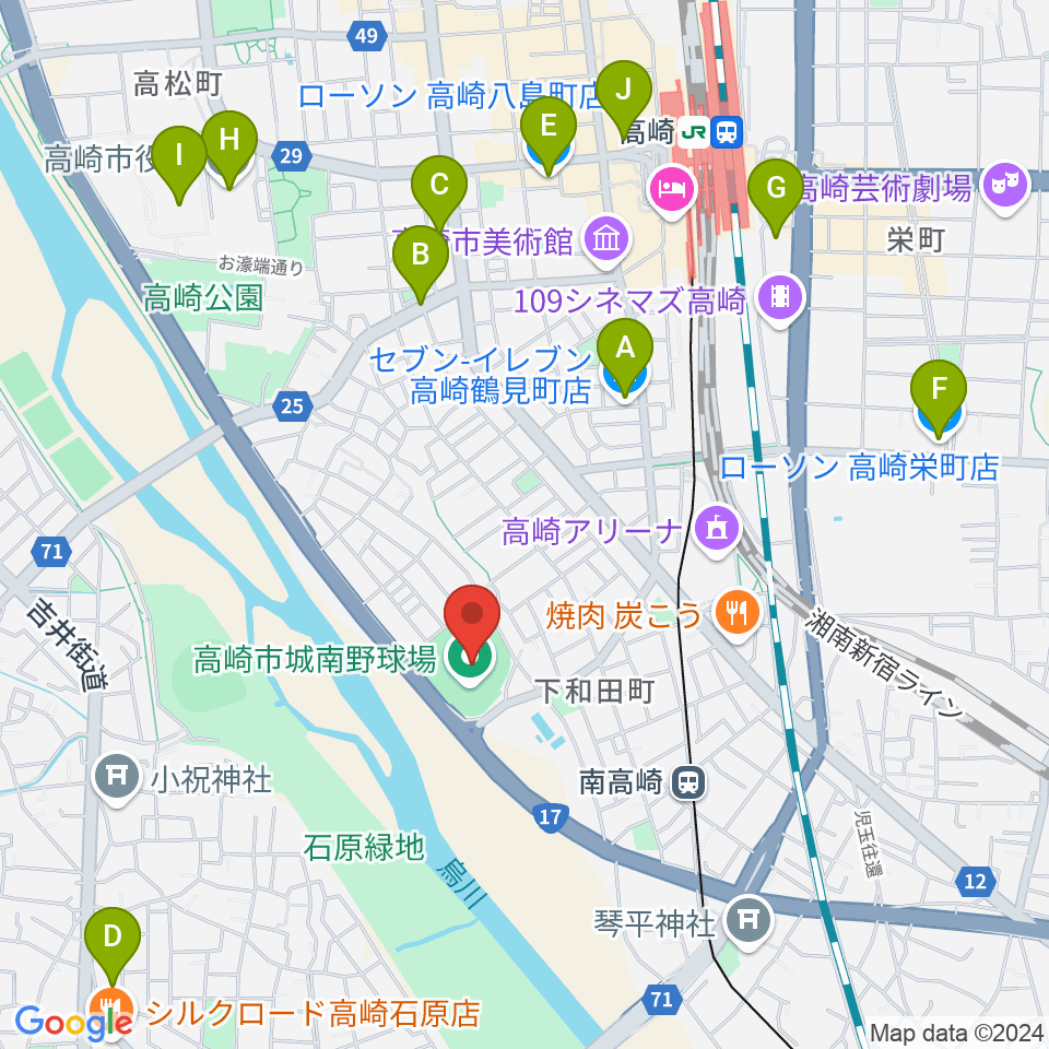 高崎市城南野球場周辺のコンビニエンスストア一覧地図