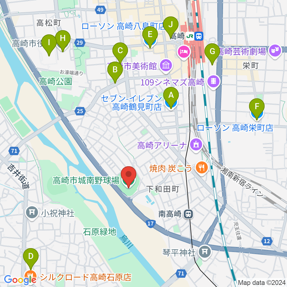 高崎市城南野球場周辺のコンビニエンスストア一覧地図