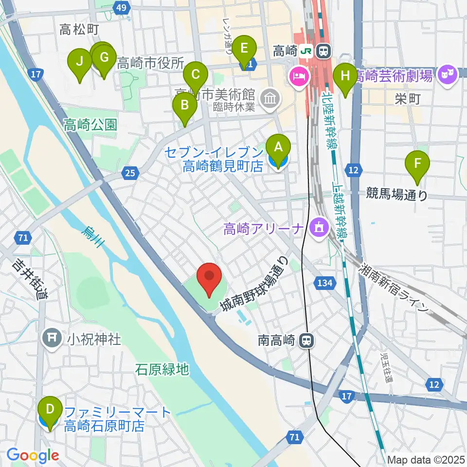高崎市城南野球場周辺のコンビニエンスストア一覧地図