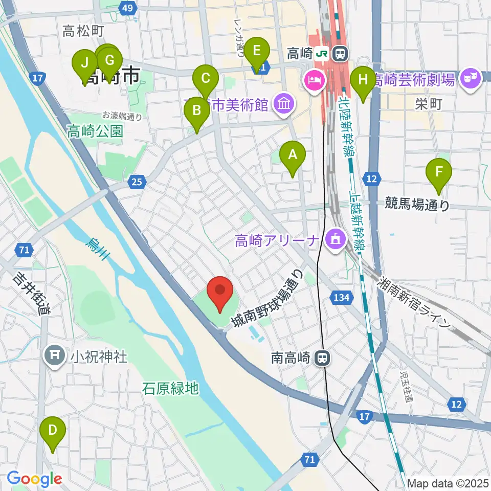 高崎市城南野球場周辺のコンビニエンスストア一覧地図