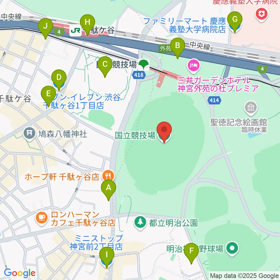 国立競技場周辺のコンビニエンスストア一覧地図
