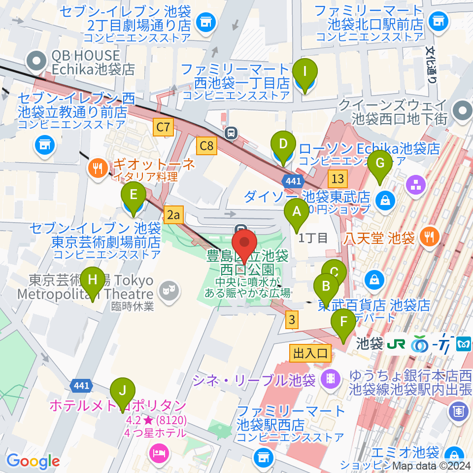 池袋西口グローバルリング周辺のコンビニエンスストア一覧地図