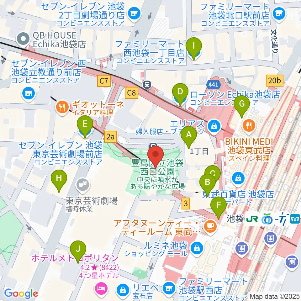 池袋西口グローバルリング周辺のコンビニエンスストア一覧地図