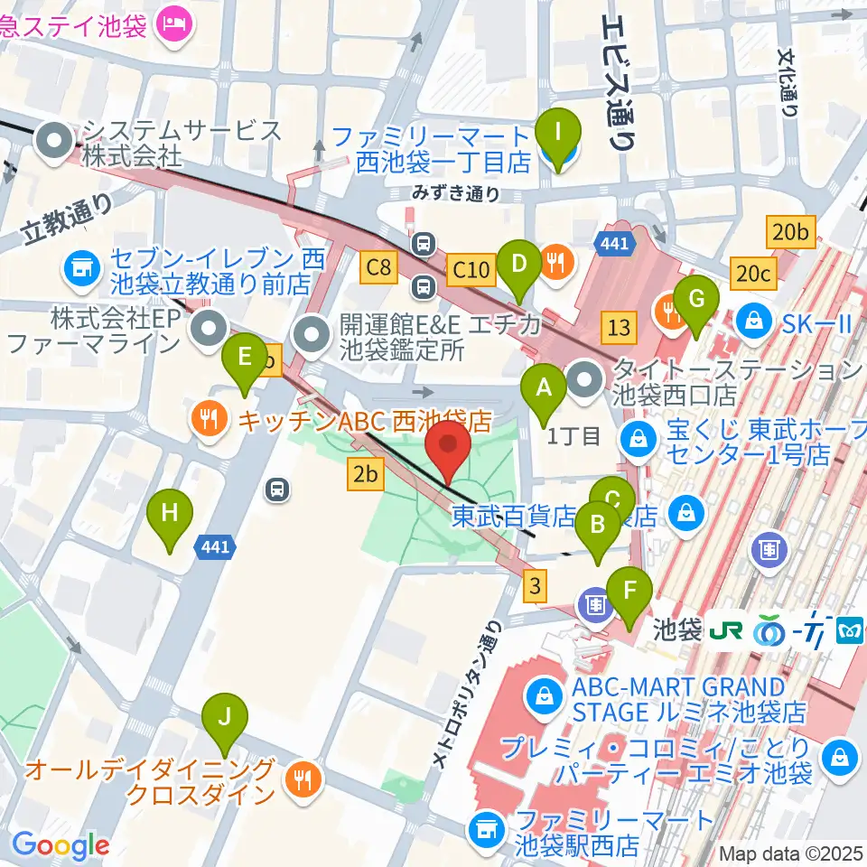 池袋西口グローバルリング周辺のコンビニエンスストア一覧地図
