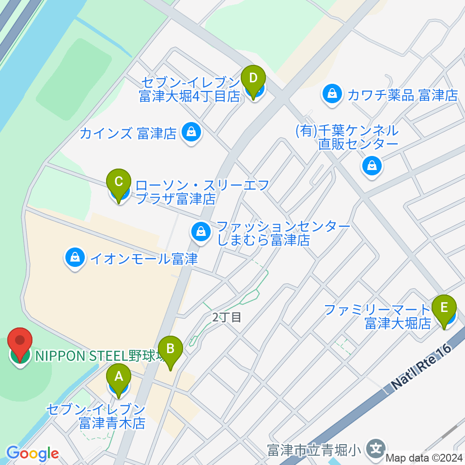 NIPPON STEEL 野球場周辺のコンビニエンスストア一覧地図