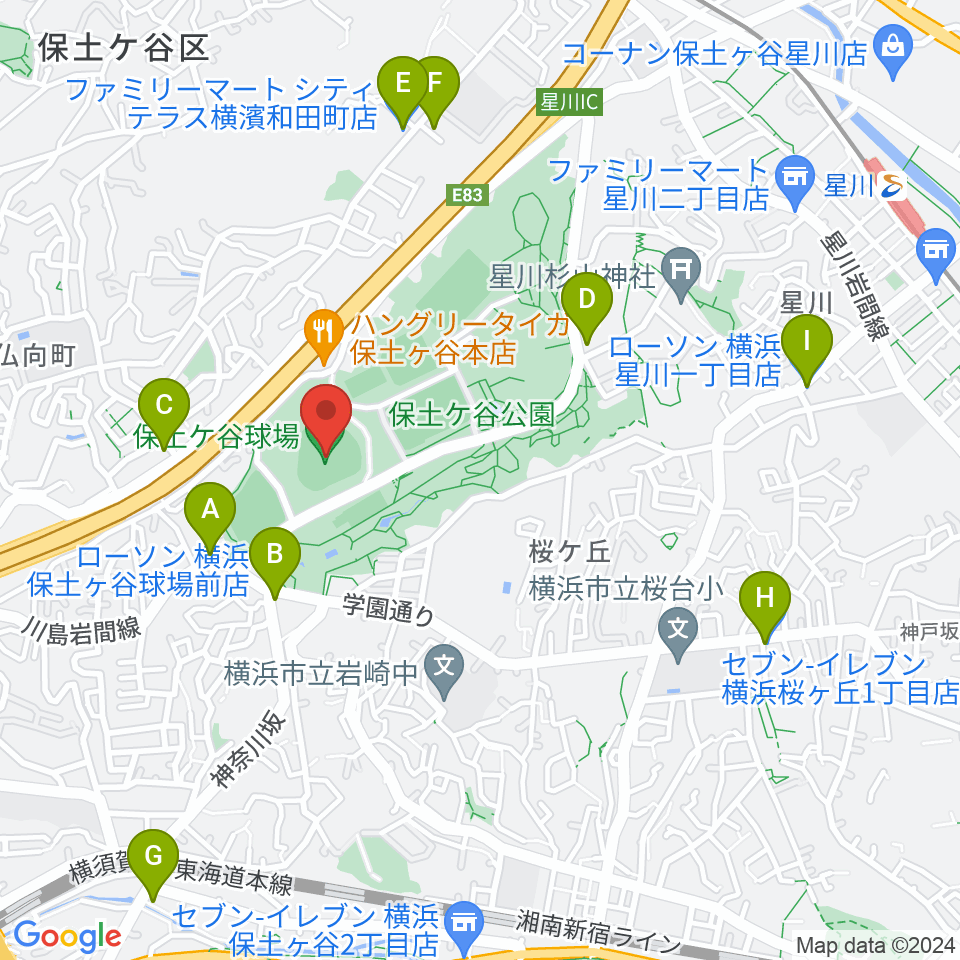 サーティーフォー保土ケ谷球場周辺のコンビニエンスストア一覧地図