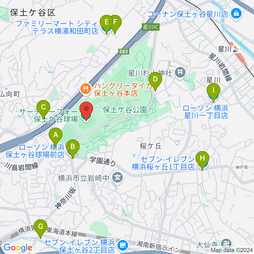 サーティーフォー保土ケ谷球場周辺のコンビニエンスストア一覧地図