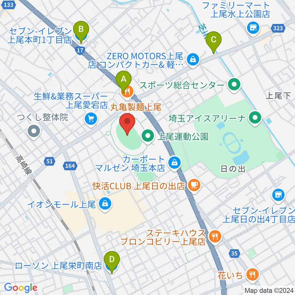 上尾運動公園陸上競技場周辺のコンビニエンスストア一覧地図