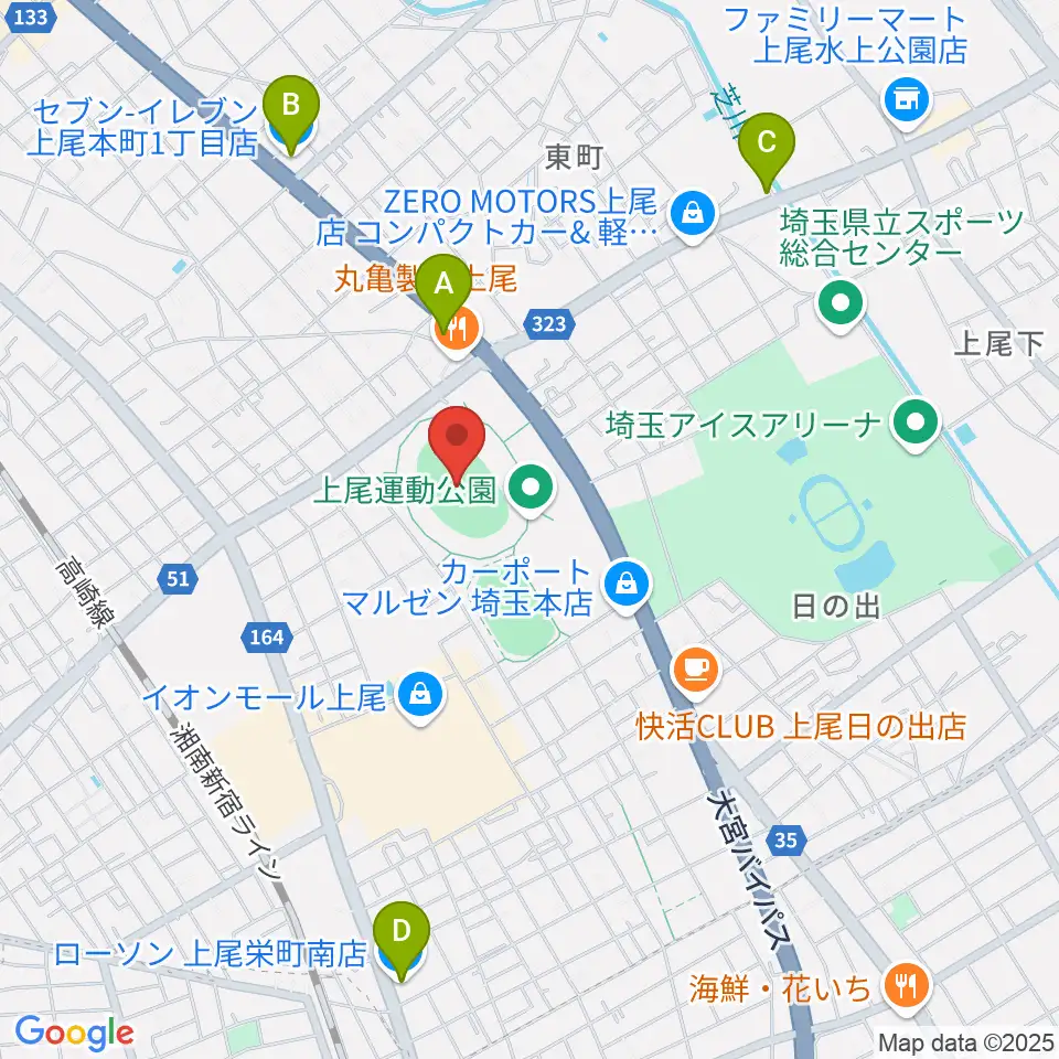 上尾運動公園陸上競技場周辺のコンビニエンスストア一覧地図
