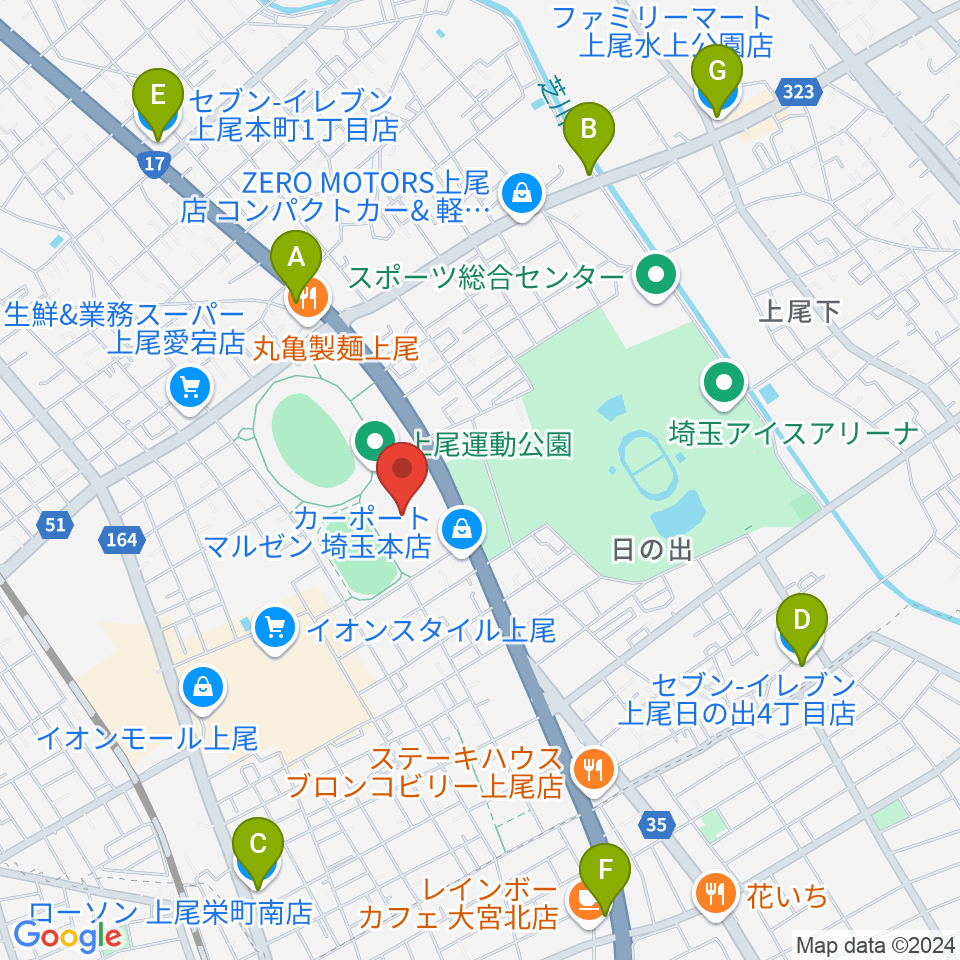 上尾運動公園体育館周辺のコンビニエンスストア一覧地図