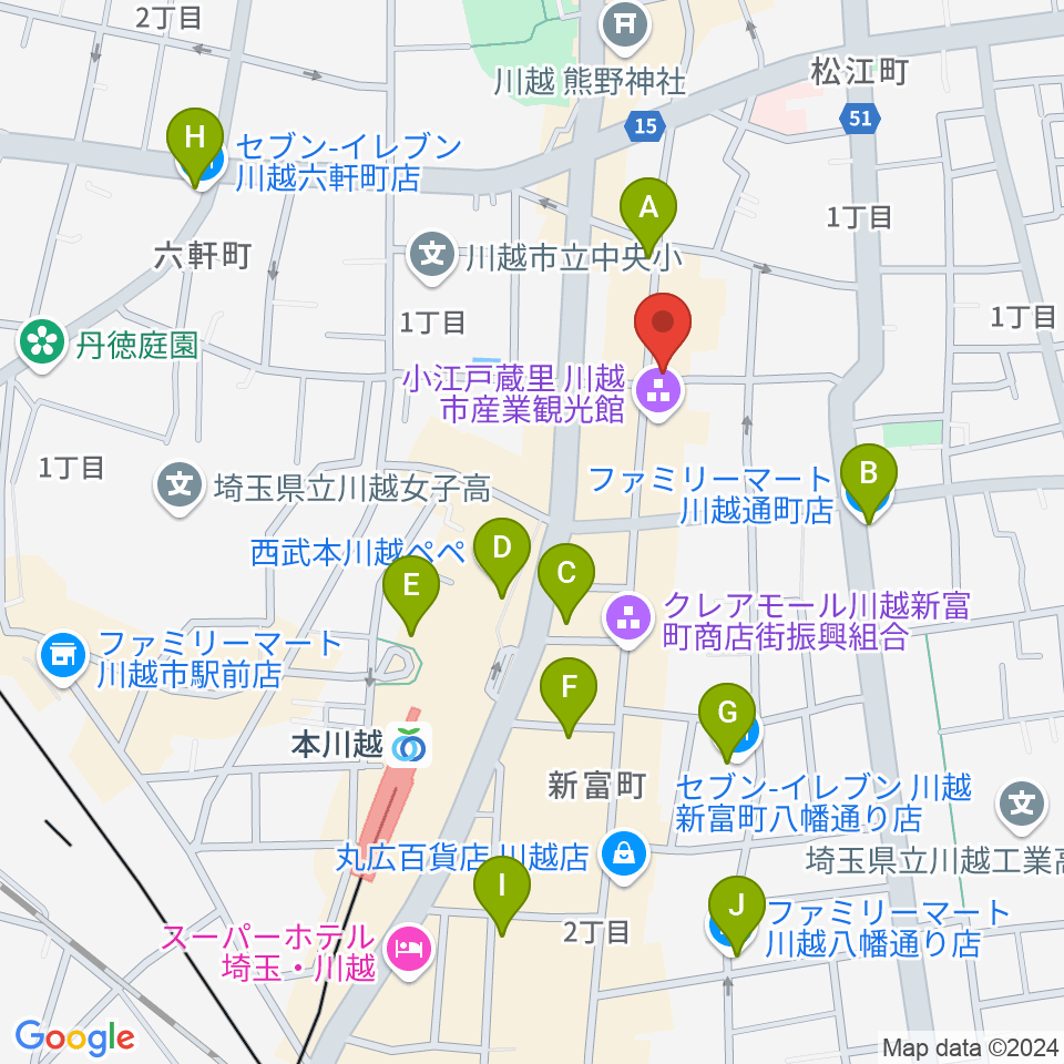 カワイ音楽教室川越センター周辺のコンビニエンスストア一覧地図