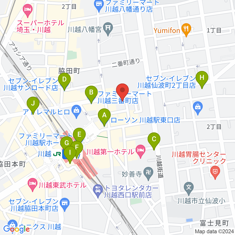 川越駅東口多目的ホール周辺のコンビニエンスストア一覧地図