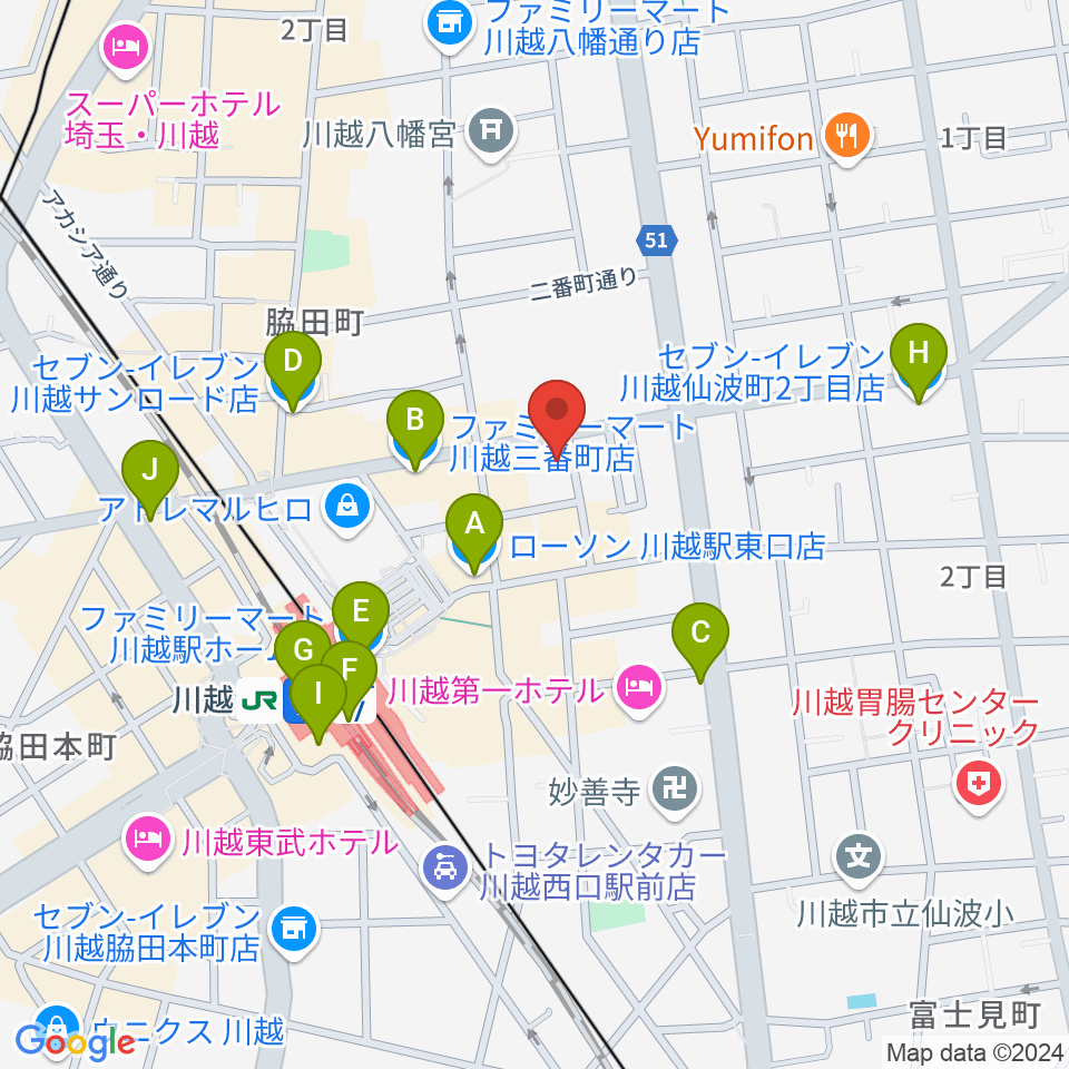 川越駅東口多目的ホール周辺のコンビニエンスストア一覧地図