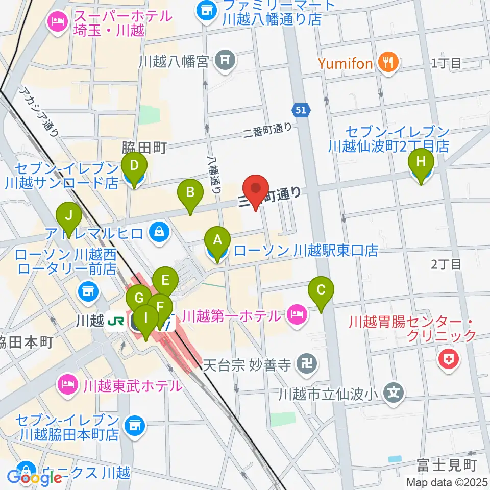 川越駅東口多目的ホール周辺のコンビニエンスストア一覧地図