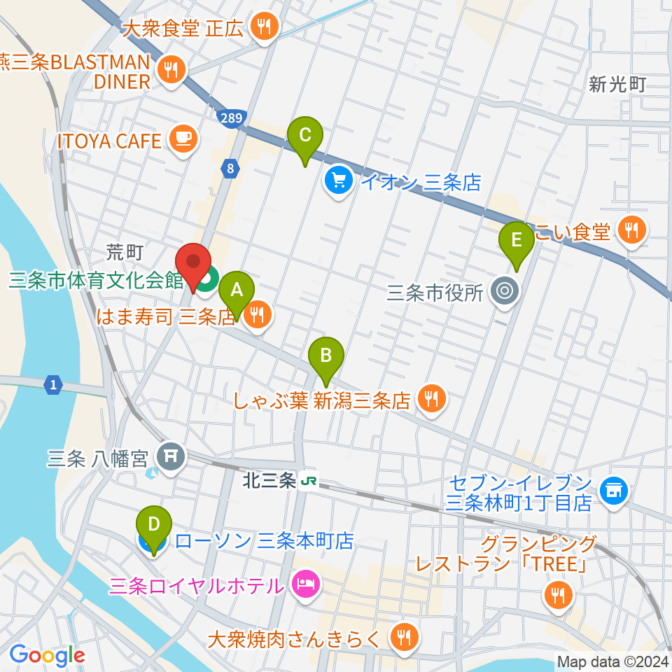 三条市体育文化会館周辺のコンビニエンスストア一覧地図