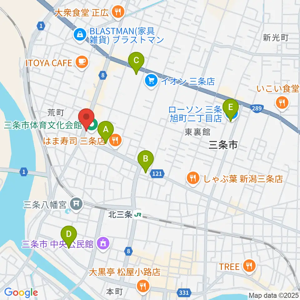 三条市体育文化会館周辺のコンビニエンスストア一覧地図