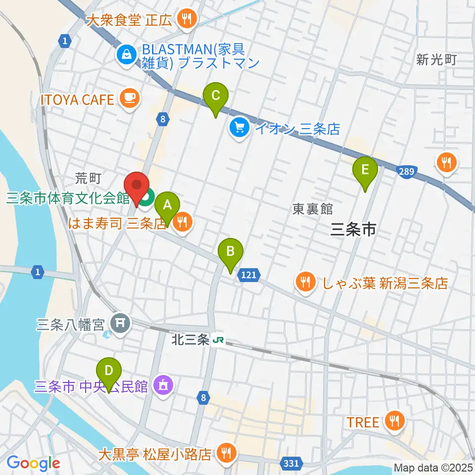 三条市体育文化会館周辺のコンビニエンスストア一覧地図