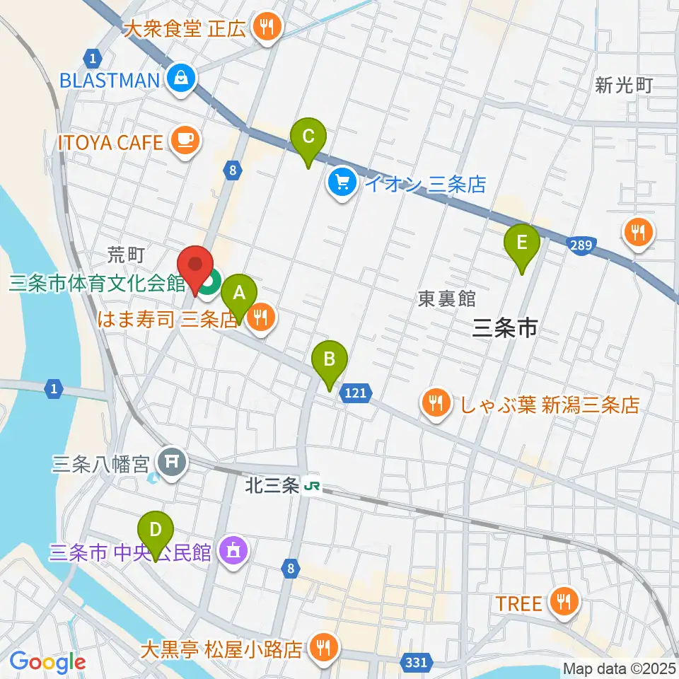 三条市体育文化会館周辺のコンビニエンスストア一覧地図