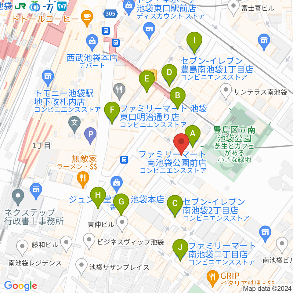 アカペラスタジオBASS ON TOP池袋東口店周辺のコンビニエンスストア一覧地図