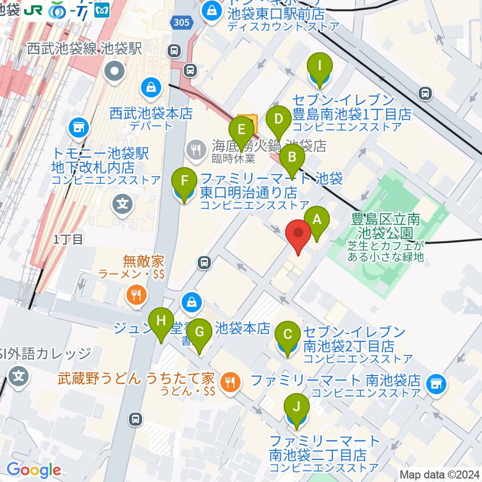 アカペラスタジオBASS ON TOP池袋東口店周辺のコンビニエンスストア一覧地図