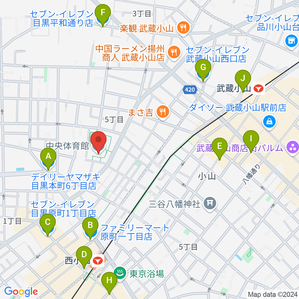 目黒区立中央体育館周辺のコンビニエンスストア一覧地図