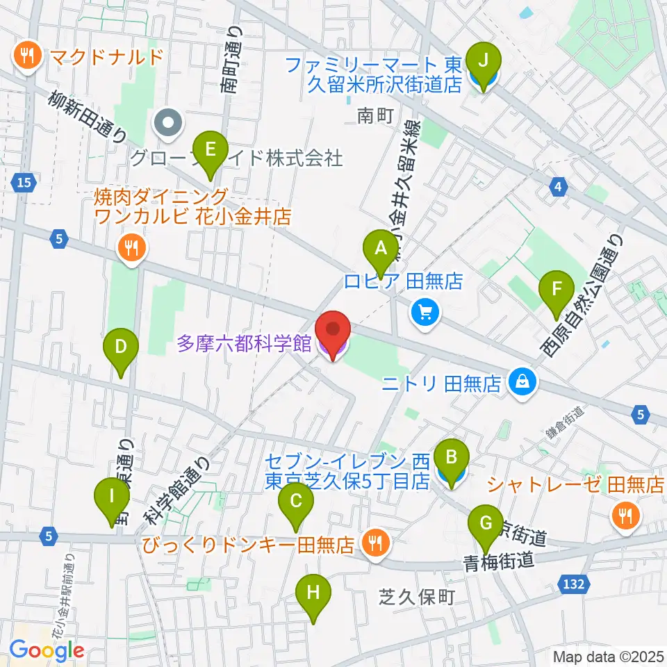 多摩六都科学館周辺のコンビニエンスストア一覧地図
