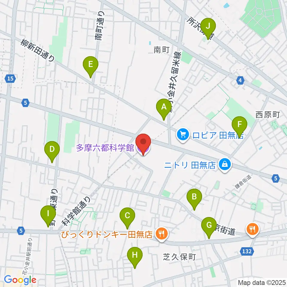 多摩六都科学館周辺のコンビニエンスストア一覧地図
