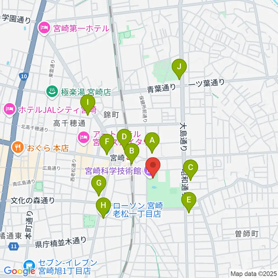 宮崎科学技術館周辺のコンビニエンスストア一覧地図