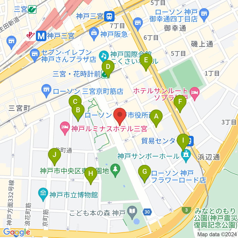 プラスミュージック神戸三宮周辺のコンビニエンスストア一覧地図