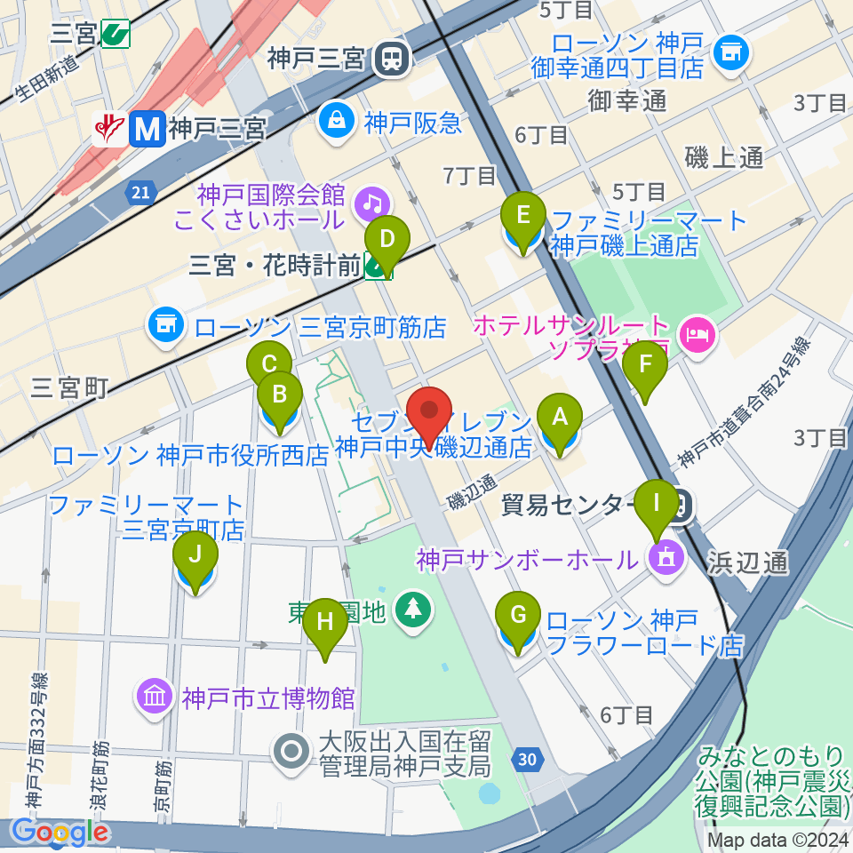 プラスミュージック神戸三宮周辺のコンビニエンスストア一覧地図