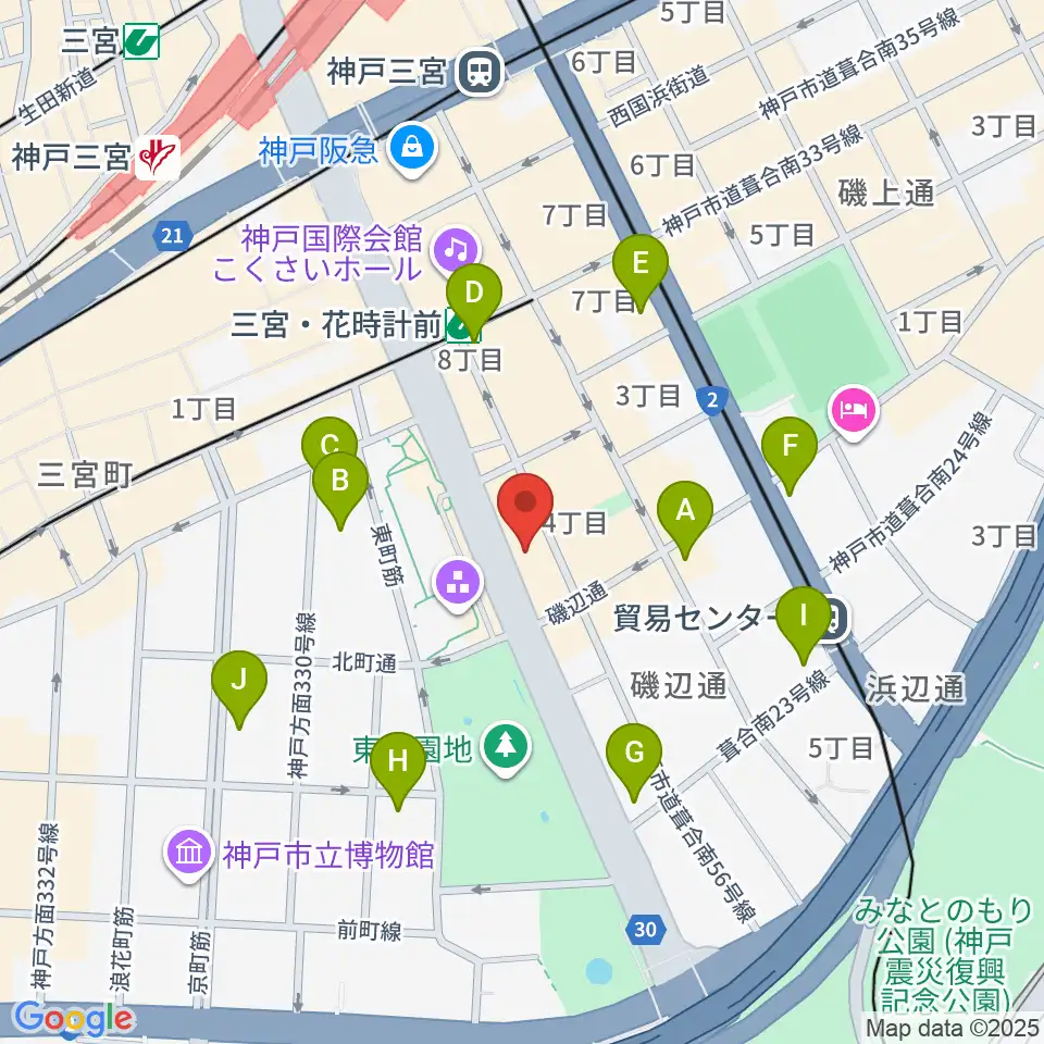 プラスミュージック神戸三宮周辺のコンビニエンスストア一覧地図